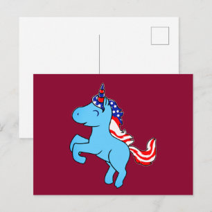 Carte Postale Unicorne Bleu Patriotique USA Drapeau Mane Carton
