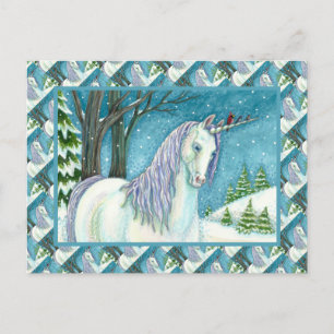 CARTE POSTALE UNICORNE D'HIVER ET OISEAUX, CHEVAL DE NEIGE PAISI