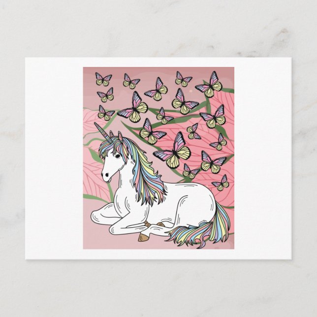 Carte Postale Unicorne Rétro Avec Papillons (Devant)