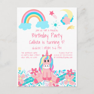 Carte Postale Unicorne rose Rainbow Moon Stars Fleurs Anniversai