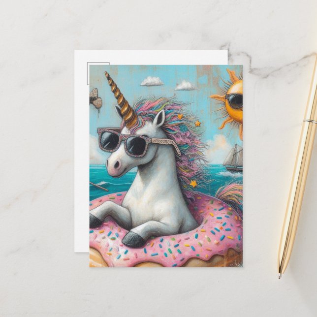 Carte Postale Unicorne sur un flotteur de beignes (Devant/Arrière en situation)