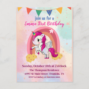 Carte Postale Unicornes magiques Aquarelle rose 1er anniversaire