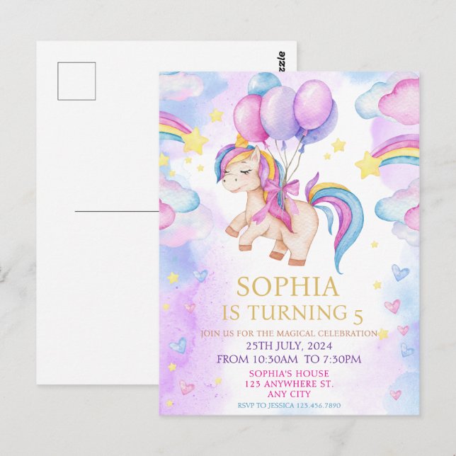 Carte Postale Unicornes magiques Purple Aquarelle fête d'anniver (Devant / Derrière)