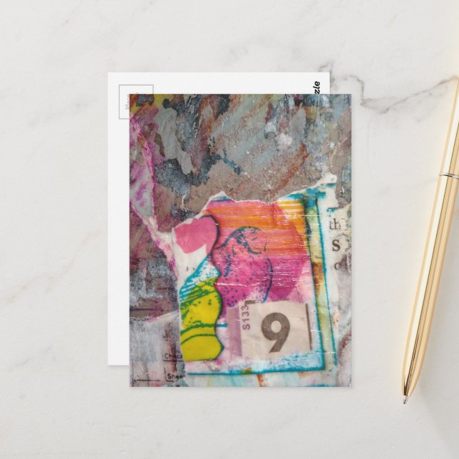 Carte Postale  unique abstract mixed media collage Bird 9 (Devant/Arrière en situation)