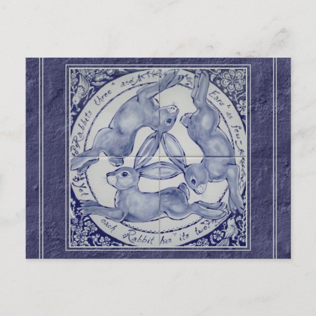 Carte Postale Unique Blue Trois lapins Hares Carreaux Design mur (Devant)