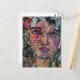 Carte Postale Unique et coloré visage vintage en techniques mixt