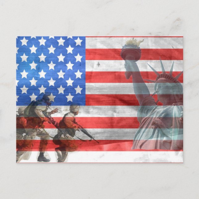 Carte Postale USA Drapeau Lady Liberty et soldats (Devant)
