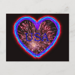 Carte Postale USA Electric Heart Fireworks Design