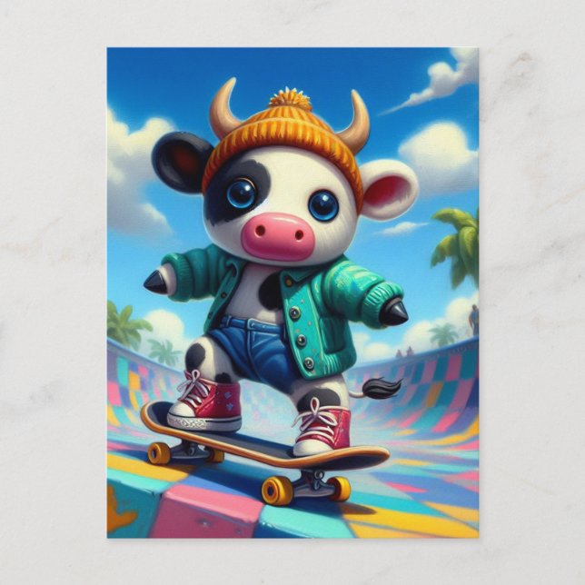 Carte Postale Vache adorable en skateboard (Devant)