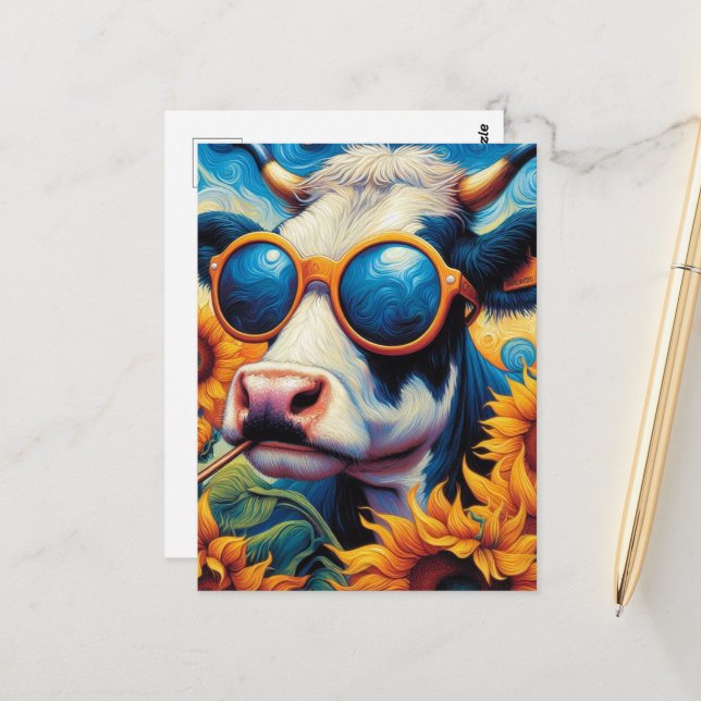 Carte Postale Vache amusante dans les lunettes de soleil dans un (Devant/Arrière en situation)