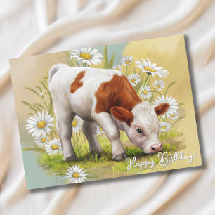 Carte Postale Vache bébé mignonne dans le champ de marguerite, P