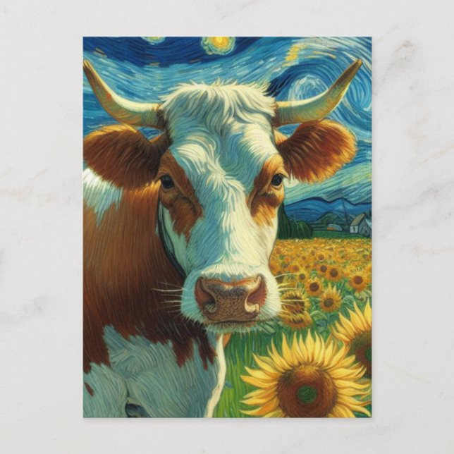 Carte Postale Vache blanche Brown dans une peinture de Faux Van  (Devant)