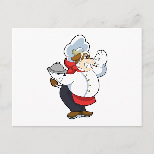 Carte Postale Vache comme serveur avec assiette de service (Devant)