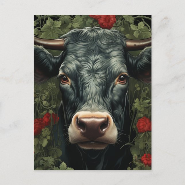 Carte Postale Vache dans les fleurs rouges (Devant)