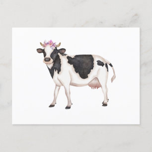 Carte Postale Vache d'aquarelle noire et blanche mignonne avec f