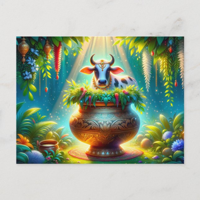 Carte Postale Vache décorée en pongal (Devant)