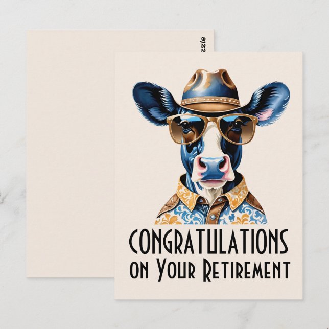 Carte Postale Vache drôle cowboy Félicitations pour la retraite (Devant / Derrière)