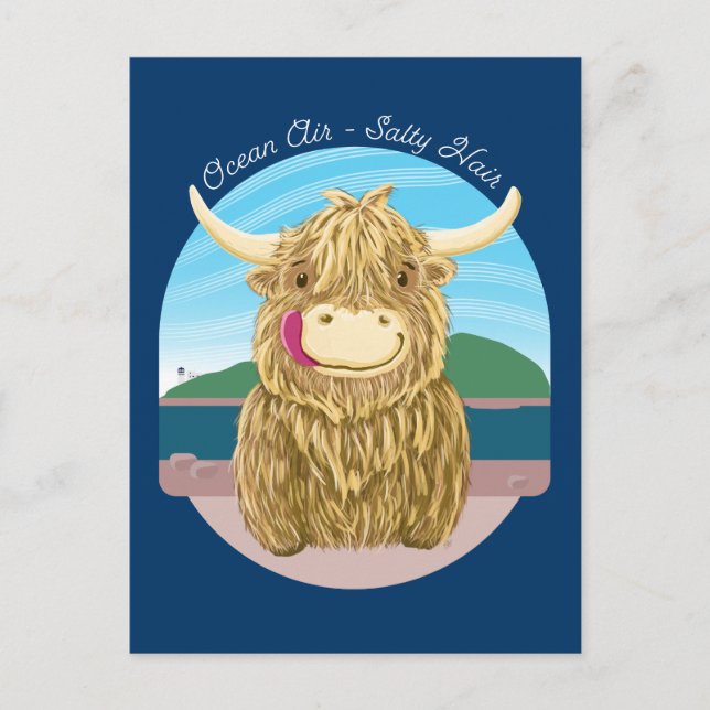 Carte Postale Vache écossaise Highland Avec Cheveux Salé Océan (Devant)