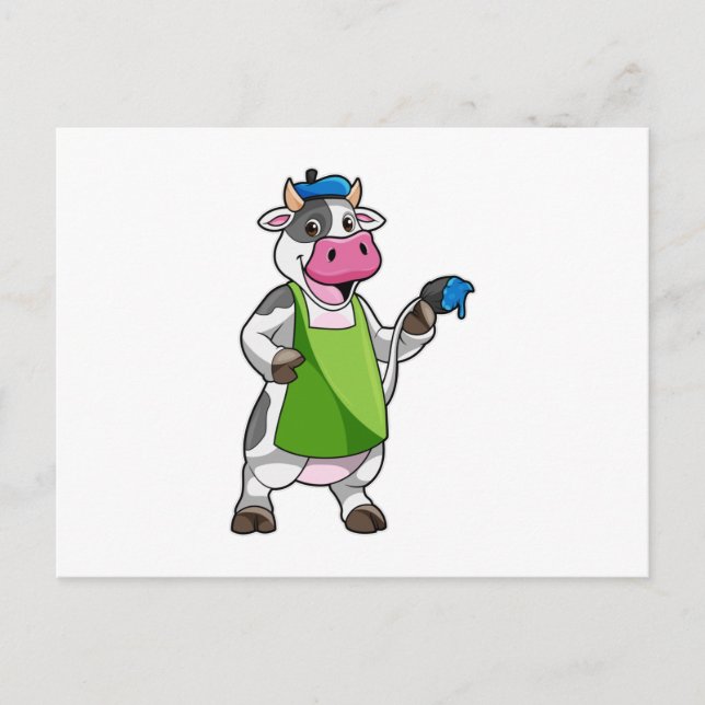 Carte Postale Vache en tant que peintre avec peinture et tablier (Devant)