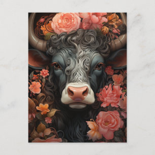 Carte Postale Vache grise aux cheveux bouclés dans les fleurs