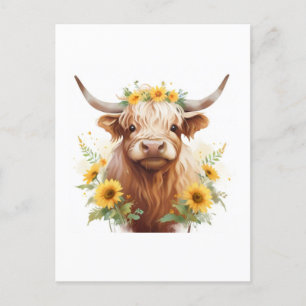 Carte Postale Vache Highland avec Couronne de fleurs de tourneso