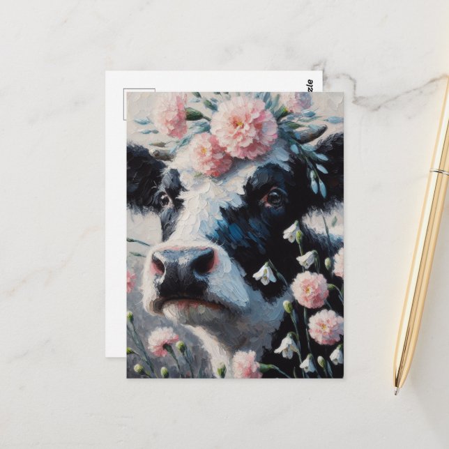 Carte Postale Vache Holstein dans les fleurs Agritourisme peintu (Devant/Arrière en situation)