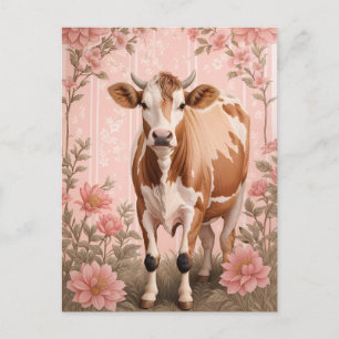 Carte Postale Vache Jersey Adorable Fleur Rose