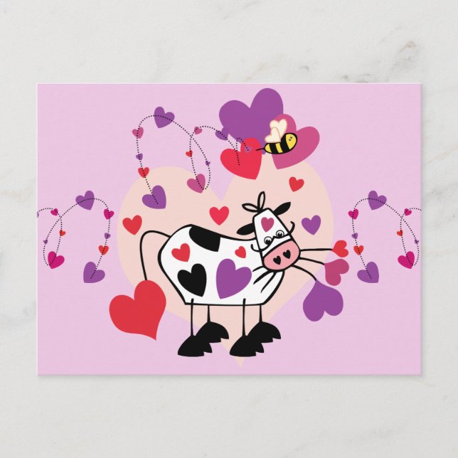 Carte Postale Vache mignonne avec les coeurs et une Bumble Bee G (Devant)