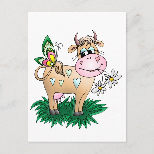Carte Postale Vache mignonne et papillon (Devant)