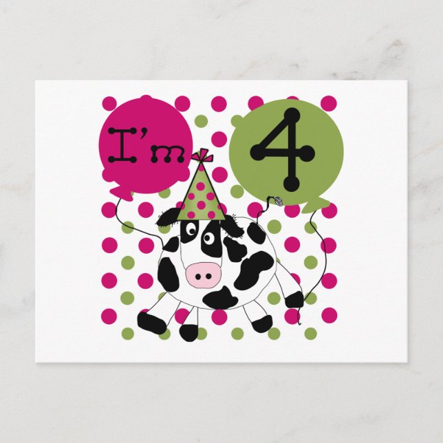 Carte Postale Vache rose 4e Anniversaire Tshirts et cadeaux (Devant)