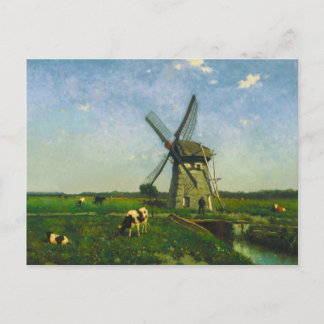 Carte Postale Vaches laitières broutant par un moulin à vent