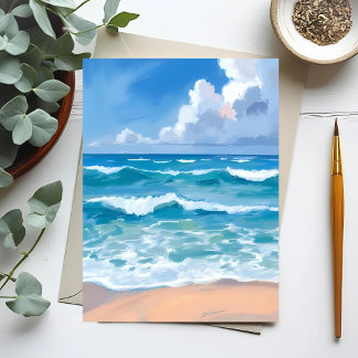Carte Postale Vagues de l'océan bleu | Aquarelle de mer de plage