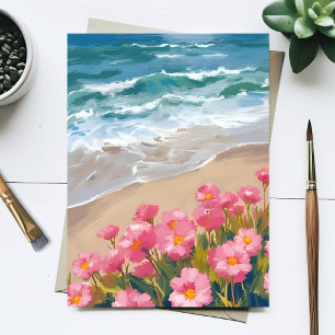 Carte Postale Vagues de plage aquarelle rose floral peinture de