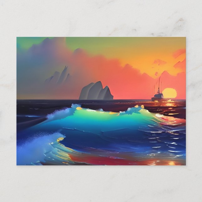 Carte Postale Vagues de teal éthérées, bateau et coucher de sole (Devant)