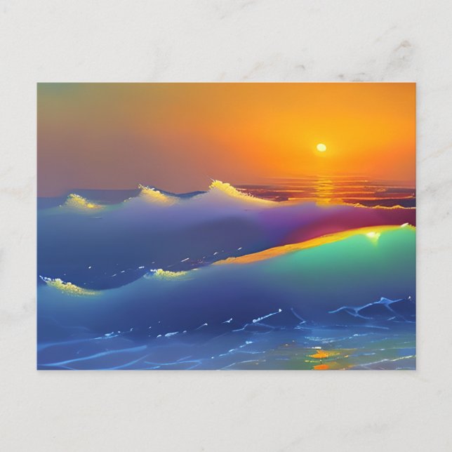 Carte Postale Vagues de teal éthérées et coucher de soleil orang (Devant)