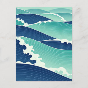 Carte Postale Vagues océaniques bleu sarcelle de style japonais