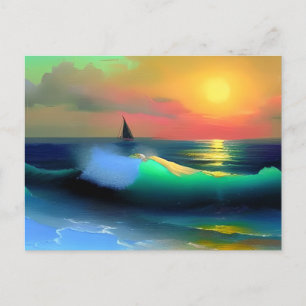 Carte Postale Vagues océaniques dramatiques et reflet de coucher