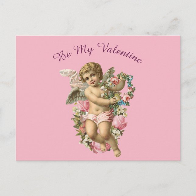 Carte Postale Valentine Cherub Avec Fleurs Sur Un Arrière - plan (Devant)