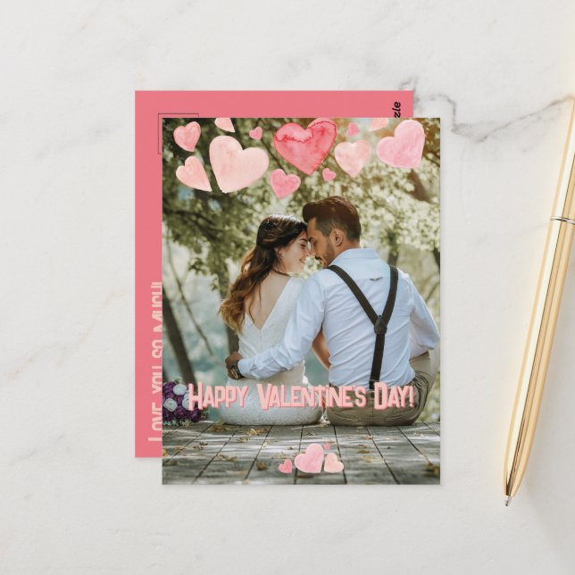 Carte Postale Valentine Coeurs roses superposer Ajouter votre pr (Devant/Arrière en situation)