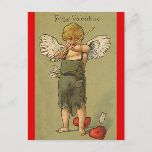 Carte Postale Valentine Cupid Vintage avec un Arc et Deux Cœurs