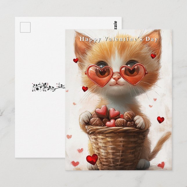Carte Postale Valentine's Day Ginger Cat Basket Hearts  (Devant / Derrière)