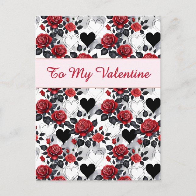 Carte Postale Valentine's Day Patterned Roses and Hearts (Devant)