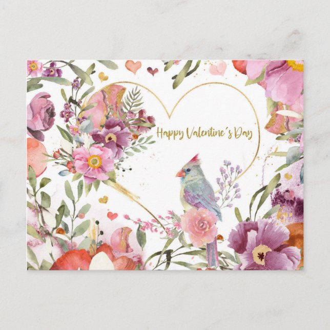 Carte Postale Valentines Jour Joli Oiseau Aquarelle Floral (Devant)