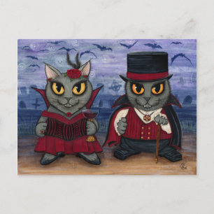 Carte Postale Vampire Chat Couple cimetière gothique Imaginaire 