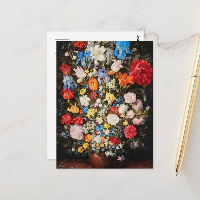 Carte Postale Vase de fleurs avec bijoux, pièces et coquilles, 1 (Devant/Arrière en situation)