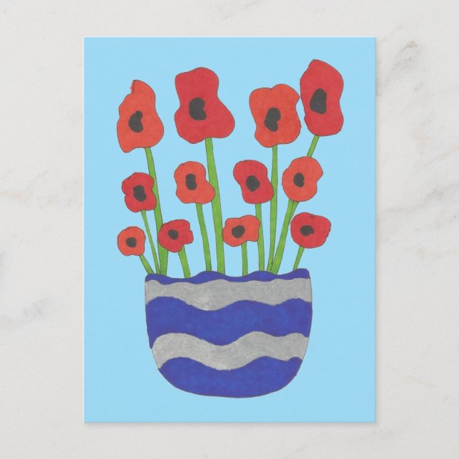 Carte Postale Vase des pavots rouges Dessin contemporain (Devant)