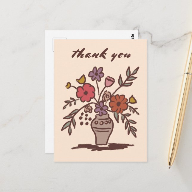 Carte Postale Vase Floral Rustique Fantaisiste Remerciement (Devant/Arrière en situation)