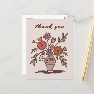 Carte Postale Vase florale Rustique Whimsical Sketch Merci