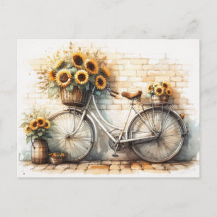 Carte Postale Vélo vintage avec Fleurs de soleil aquarelle