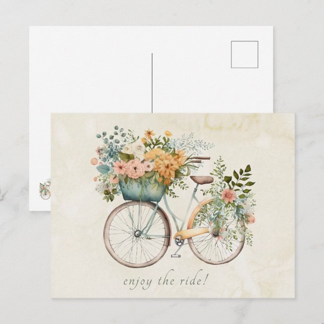 Carte Postale Vélo Vintage Boho avec panier à fleurs (Devant / Derrière)